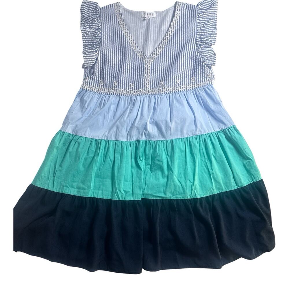 THML Colorblock Tiered Mini Dress Womens Small Blue Green Flutter Sleeve Boho